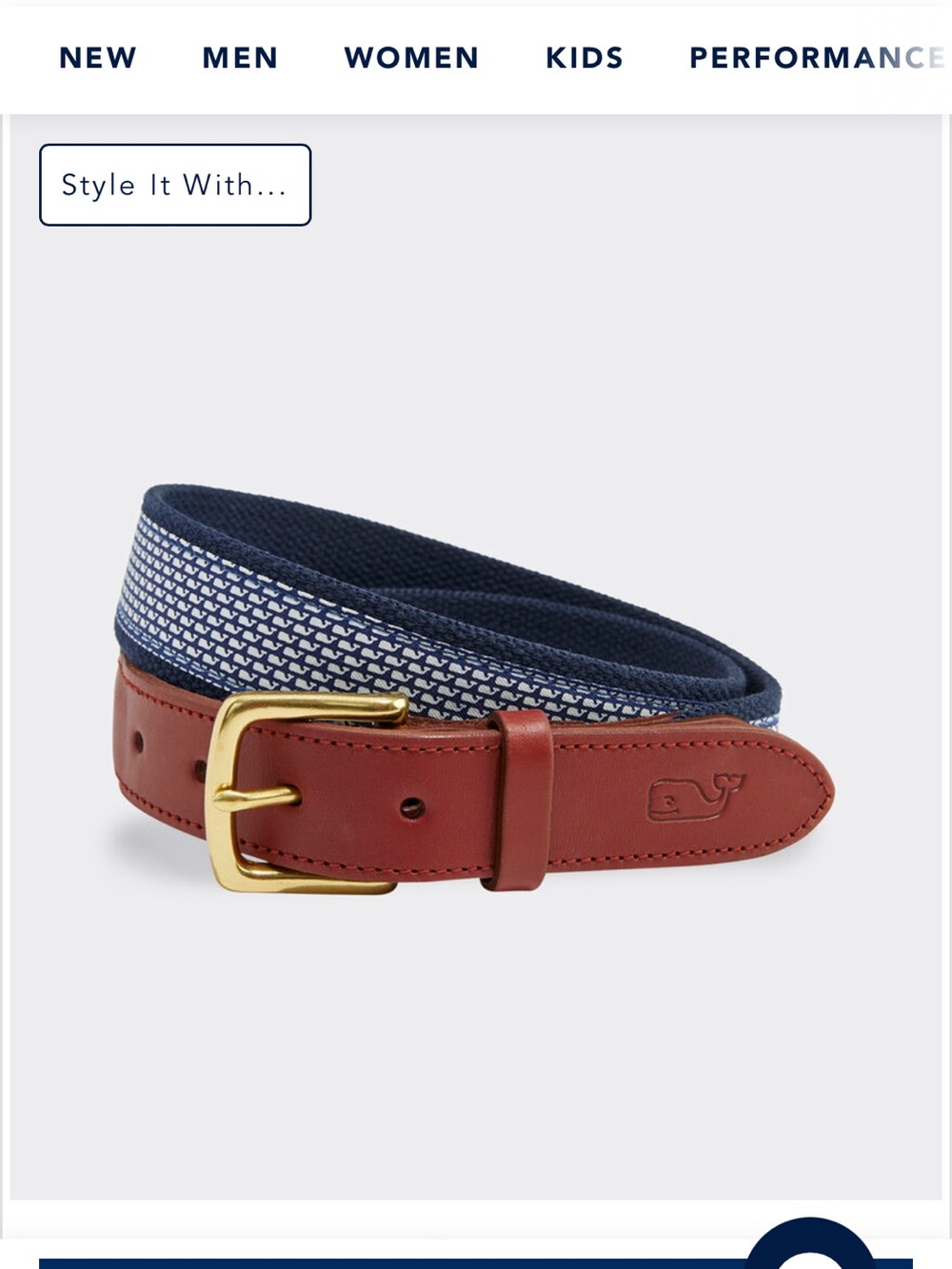 Vineyard Vines Navy Whale Pattern Canvas Belt with Brown Leather and Gold Buckle